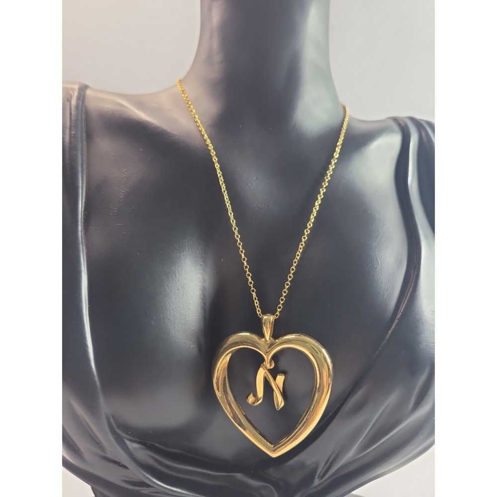 Avon Gold Tone Heart Initial N Pendant Necklace Open Heart Monogram Letter N Cha